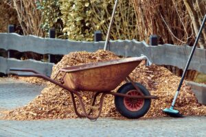 gardening, wheelbarrows, nature, broom, mulch, bark mulch, garden, tool, working device, garden tools, equipment, winter, clean, clean up, landscaping, tools, work, maintenance, court